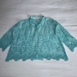 Embroidered Crochet Floral Blouse Womens L Blue Gauze Boho Button Top 3/4 Sleeve
